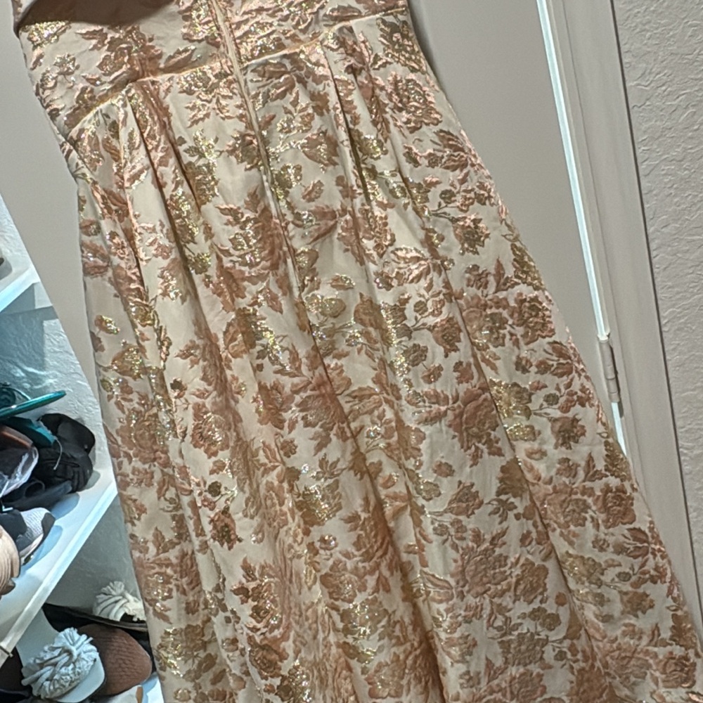 Mac Duggal Tan and Cream Pleated Midi Skirt